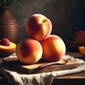 Sweet Harmony: Three Peaches Stacked in Delicate Balance. Royalty Free Stock Photo