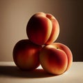 Sweet Harmony: Three Peaches Stacked in Delicate Balance. Royalty Free Stock Photo