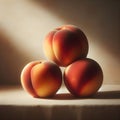 Sweet Harmony: Three Peaches Stacked in Delicate Balance. Royalty Free Stock Photo