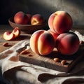 Sweet Harmony: Three Peaches Stacked in Delicate Balance. Royalty Free Stock Photo