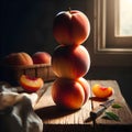 Sweet Harmony: Three Peaches Stacked in Delicate Balance. Royalty Free Stock Photo