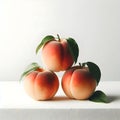 Sweet Harmony: Three Peaches Stacked in Delicate Balance. Royalty Free Stock Photo