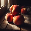 Sweet Harmony: Three Peaches Stacked in Delicate Balance.