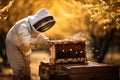 Sweet Harvest: Beekeeper Tending to Hives in Honey Farming. Generative ai