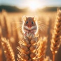 Sweet harvest mouse sits atop barley ear in farmer\'s field