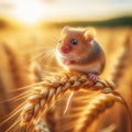 Sweet harvest mouse sits atop barley ear in farmer\'s field