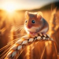 Sweet harvest mouse sits atop barley ear in farmer\'s field