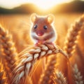 Sweet harvest mouse sits atop barley ear in farmer\'s field