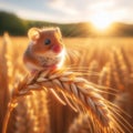 Sweet harvest mouse sits atop barley ear in farmer\'s field