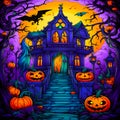 Sweet Haunted House. Pumpkins, bats, Halloween. Festive design. Scary cute pumpkin head.