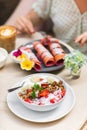 Sweet and healthy breakfast at cafe Royalty Free Stock Photo