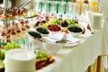 Sweet and healthy dessert and fruit table at wedding reception b