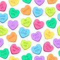 Sweet heart candies pattern. Colorful valentines hearts, love conversation candies and sweetheart candy seamless vector Royalty Free Stock Photo