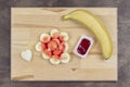 Sweet heart shaped sandwich with jam, banana and butter - recipe. Set photo 04 of 5 Royalty Free Stock Photo