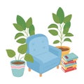 Sweet home armchair books and potted plants decoration isolated design