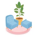 Sweet home armchair footrest potted plant carpet decoration isolated design Royalty Free Stock Photo