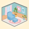 Sweet home armchair footrest potted plants window and pictures in wall Royalty Free Stock Photo