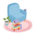 Sweet home armchair stack of books coffee cup carpet potted plant