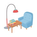 Sweet home armchair stack of books potted plant floor lamp