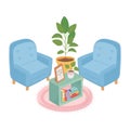 Sweet home armchairs potted plant picture frame books and carpet