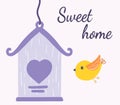 Sweet home card with birds house and flying bird. Vector isolated elements on white background Royalty Free Stock Photo