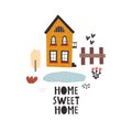 Sweet home. cartoon house, tree, hand drawing lettering, decor elements. colorful illustration for kids, flat style. Royalty Free Stock Photo