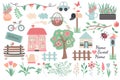 Sweet home collection in flat design. Cute houses, blooming trees Royalty Free Stock Photo