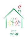 Sweet home colored poster, family simple color doodles in a house isolated on a white background, vertical vector illustration