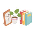 Sweet home frame flower potted plant and books decoration isolated design