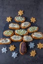 Sweet home made Eclairs Tree. The concept of Christmas Royalty Free Stock Photo