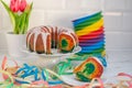 Sweet home made colorful rainbow sponge cake