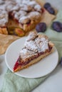 Sweet home made plum crumble pie on a table Royalty Free Stock Photo