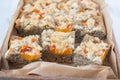 Sweet home made poppy seed pie with fresh apricots and crumble Royalty Free Stock Photo