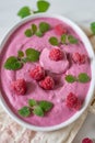 sweet home made raspberry ice cream with fresh mint Royalty Free Stock Photo