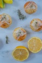 Sweet home made vanilla lemon muffins with thyme