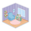 Sweet home sofa bookcase frame shelf carpet frame window room isometric style Royalty Free Stock Photo