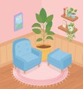 Sweet home sofa chair potted plant on carpet shelves books plants frame room