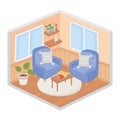 Sweet home sofas armchairs cushions plants table with books on carpet living room isometric style