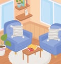 Sweet home sofas with cushions table books shelves windows room