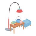 Sweet home table with footrest tea cup kettle stack of books and floor lamp