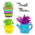 Sweet home watercolor plant collection. Succulent in a ceramic flower pot. Purple plant in a watering can. Royalty Free Stock Photo