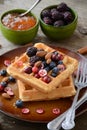 Belgian waffles with jam and berry Royalty Free Stock Photo