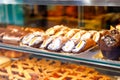 Sweet homemade cannoli stuffed with ricotta cheese cream and pistachial Sicilian dessert at market in Italy Royalty Free Stock Photo