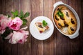 Sweet homemade casserole with fruits inside in a plate