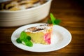 Sweet homemade casserole with fruits inside in a plate