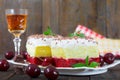 Sweet homemade cherry cake with vanilla and whipping cream. Royalty Free Stock Photo