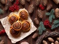 Sweet Homemade christmas baking. Cinnamon rolls buns with cocoa filling. Kanelbulle swedish dessert. Top view. Royalty Free Stock Photo