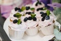 Sweet homemade cupcakes with blueberries and blackberries and white cream