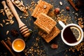 Sweet homemade layered honey cake on a black table with spices