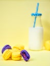 Sweet homemade macaroon cookies with bottle of milk in background